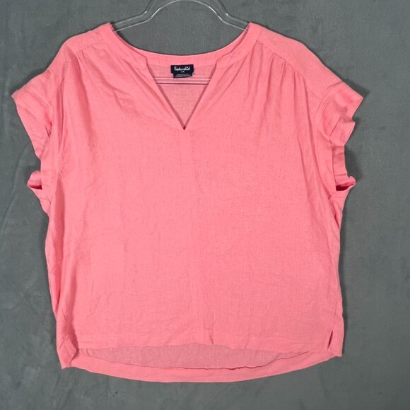 ❊SPLENDID❊ Coral Pink Soft linen Blend Tee V Neck Cap Sleeve L - Picture 1 of 6